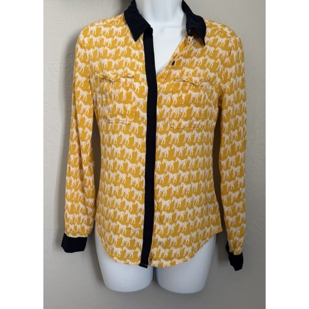 Anthropologie‎ Maeve Button Down Blouse Womens 0 Yellow Horse Bagatelle Shirt